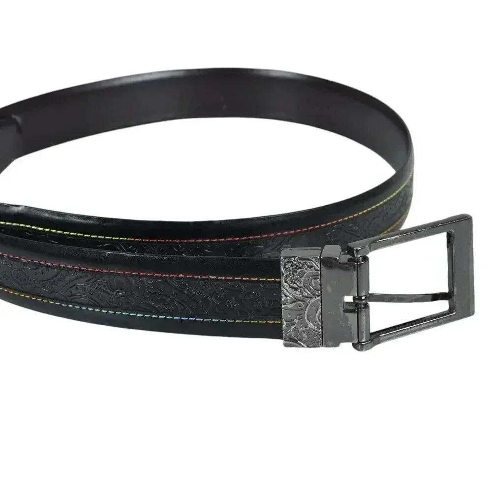 Robert Graham Leather Belt Black Multicolor Stitching Silver Buckle Size 38